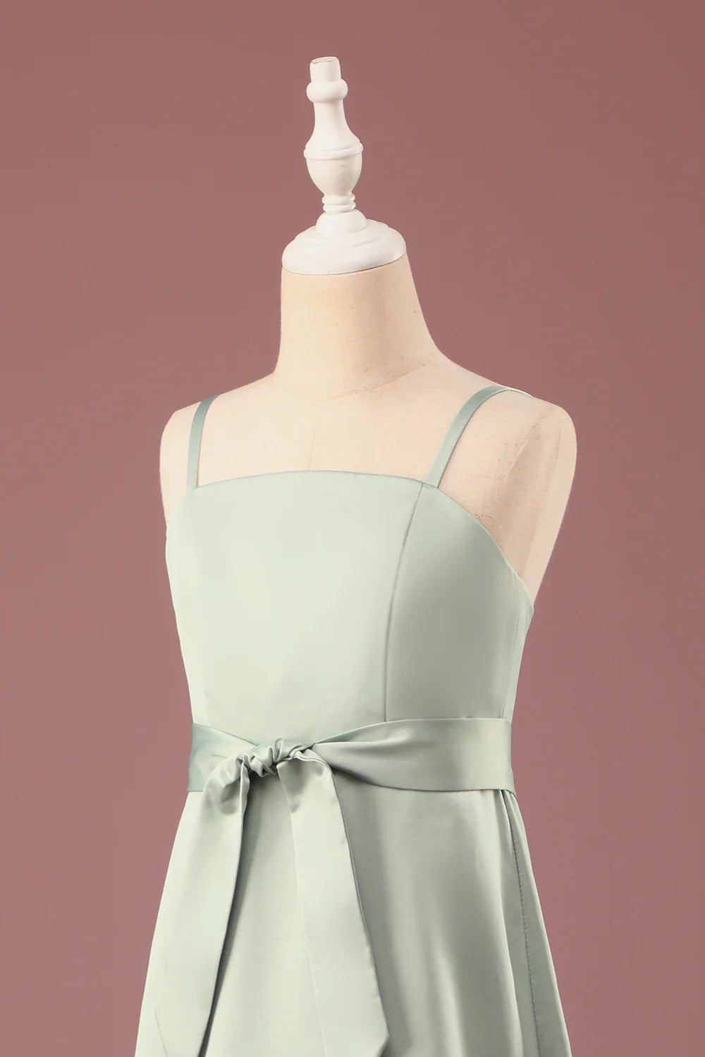 Matcha A line Spaghetti Straps Long Satin Junior Bridesmaid Dress