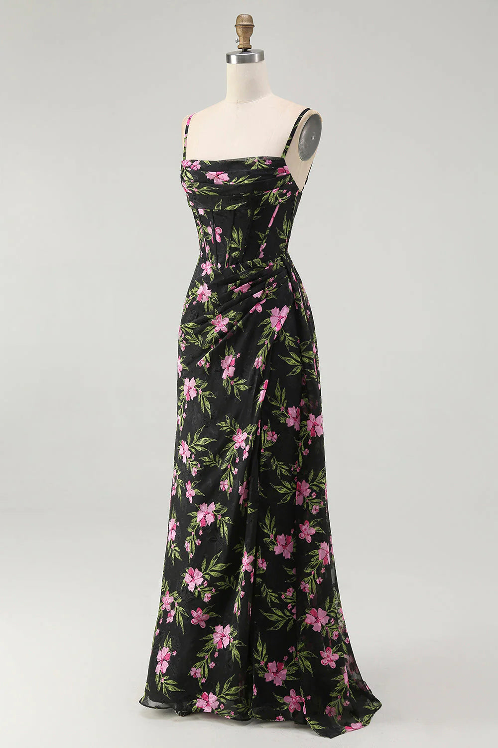 Black Pink Flower Corset Chiffon Long Bridesmaid Dress with Side Streamer