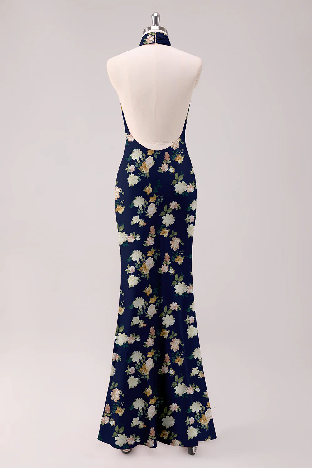 Sage White Flower Mermaid Halter Open Back Floor Length Satin Print Bridesmaid Dress