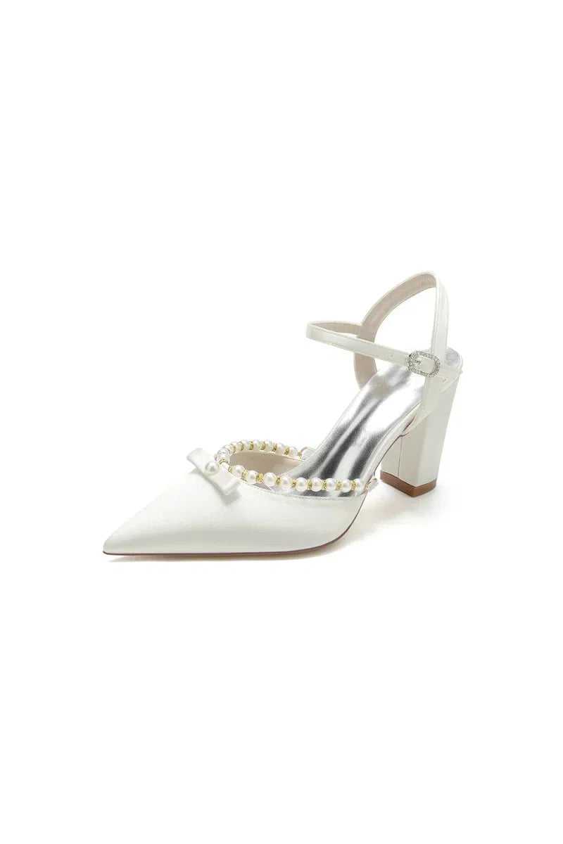Pearl Pointed Toe Ankle Strap Chunky Heels With Bow