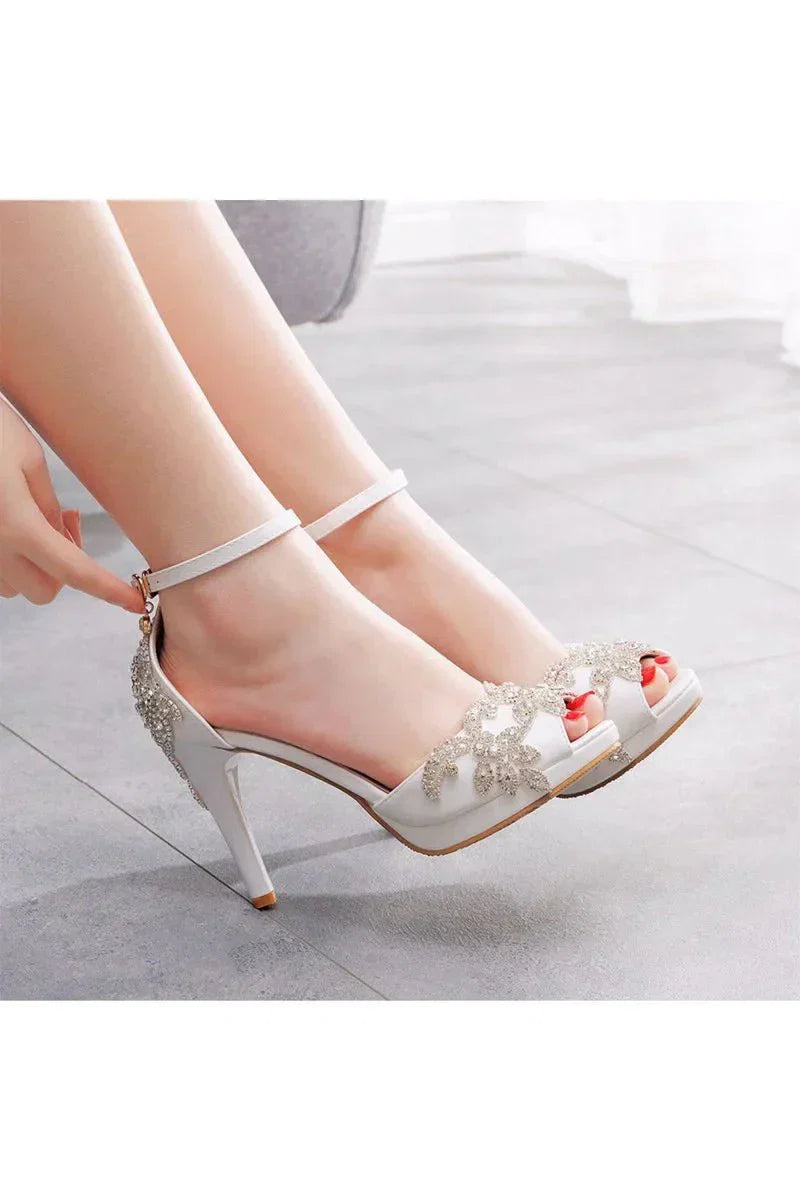 Rhinestone Flowers Decor Peep Toe Platform Stiletto Ankle strap High Heels