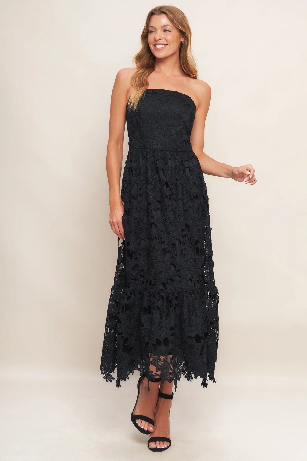 CAREFREE NIGHTS LACE MIDI DRESS BLACK