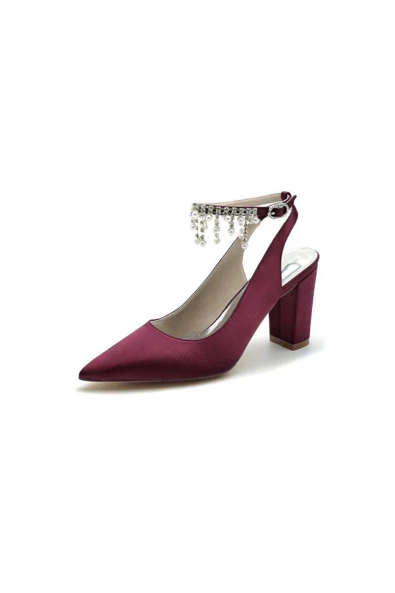 Pointed Toe Satin Chunky Heels With Pearl Tassel