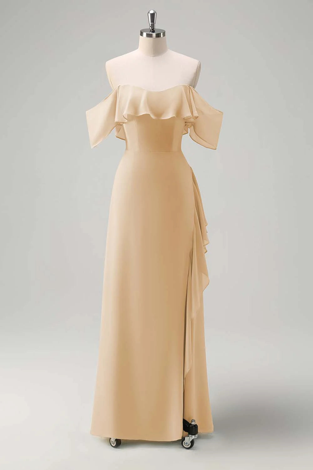Light Green Sheath Off The Shoulder Chiffon Long Bridesmaid Dress with Ruffle Slit