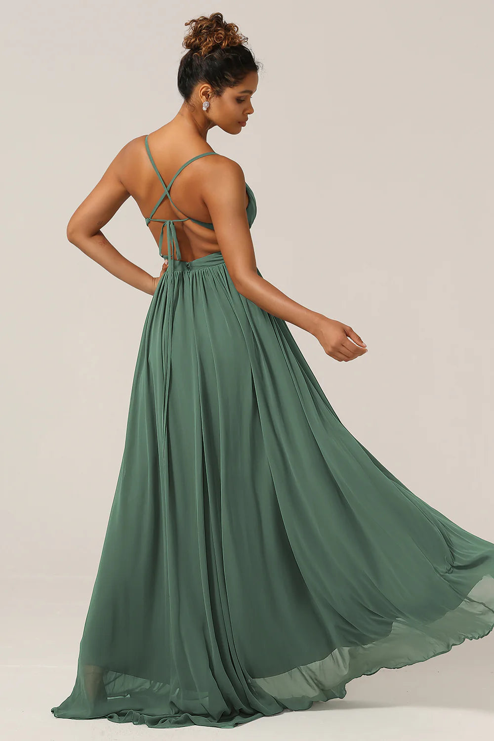 Eucalyptus A Line Spaghetti Straps Floor Length Chiffon Bridesmaid Dress with Slit