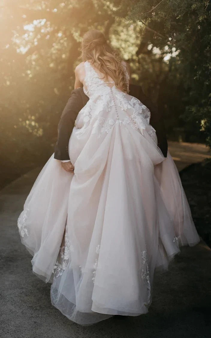 Adorable A Line Lace Wedding Dress With Appliques And Illusion Deep V Back