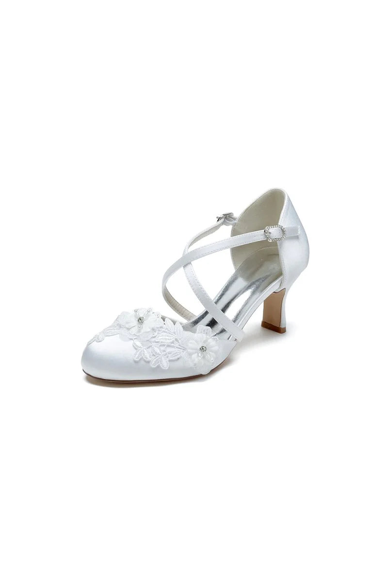 Sweet Round Toe Thin Strap Chunky Heels with Lace