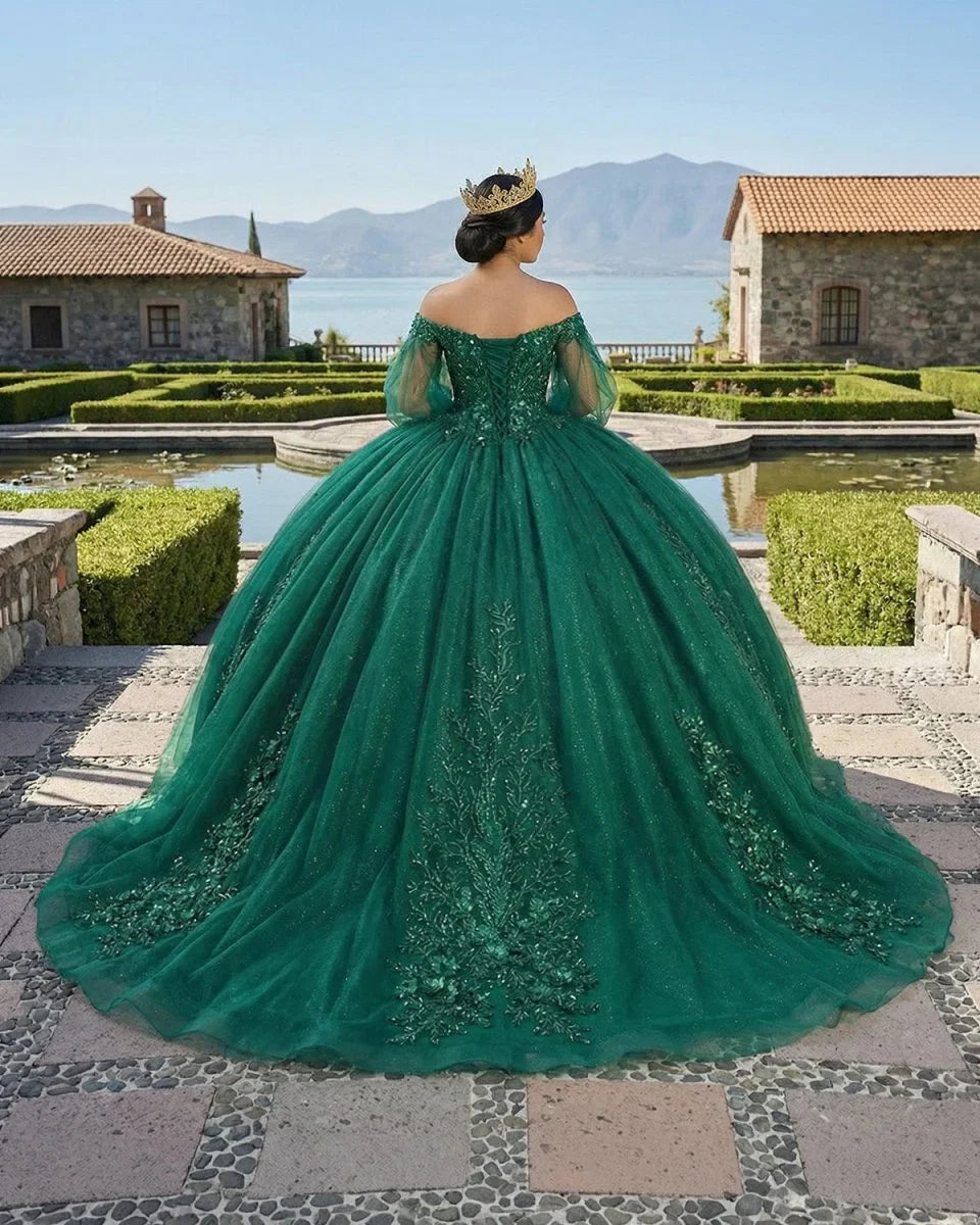 Dark Green Ball Gown Organza Half Sleeves Quinceanera Dress