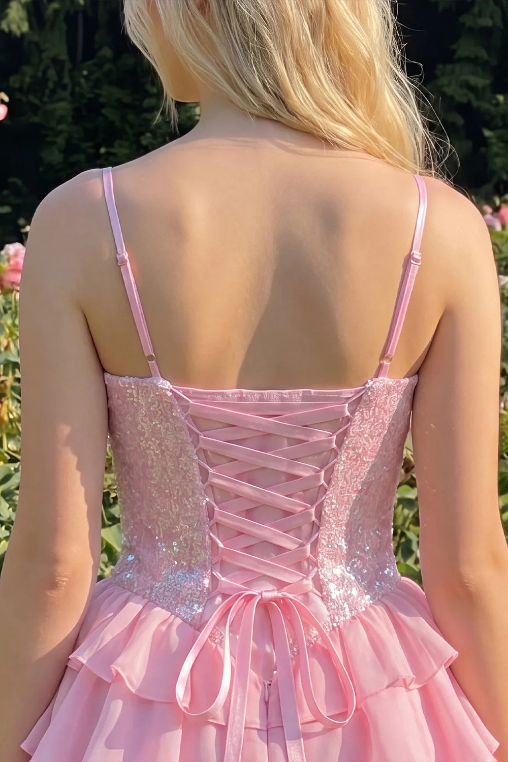 Champagne A Line Sequin Tiered Ruffle Short Homecoming Dress