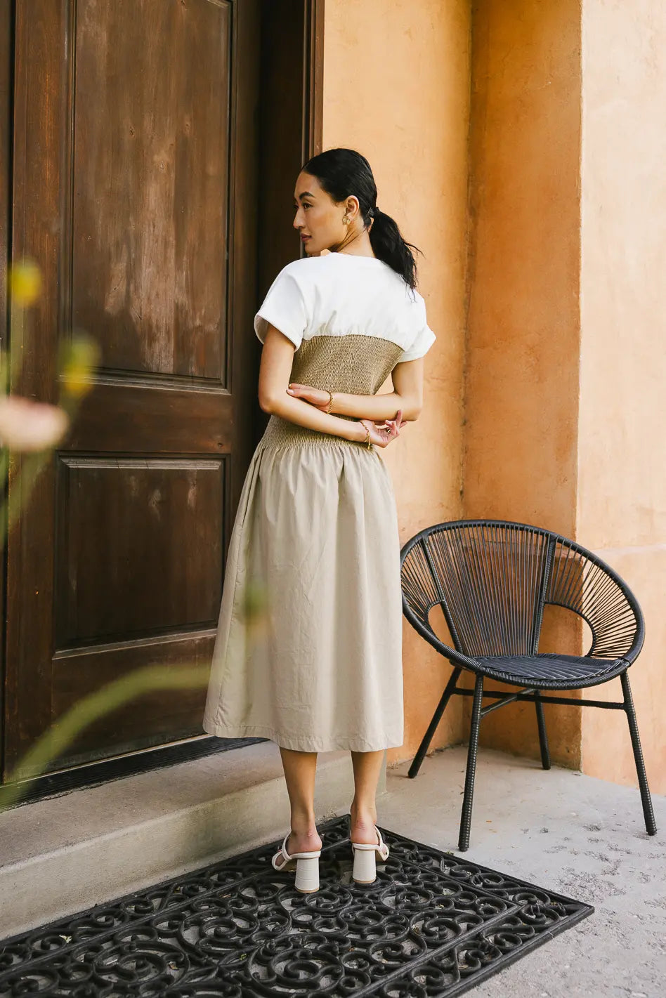 Florence Smocked Midi Dress in Taupe FINAL SALE