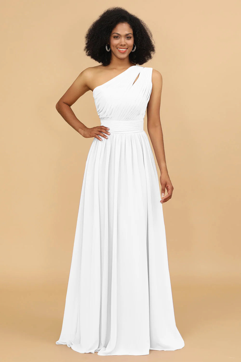 A Line One Shoulder Long Chiffon Bridesmaids Dress with Ruffles