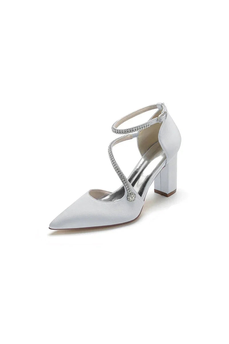 White Satin Pump with Cross Strap and Beaded Buckle