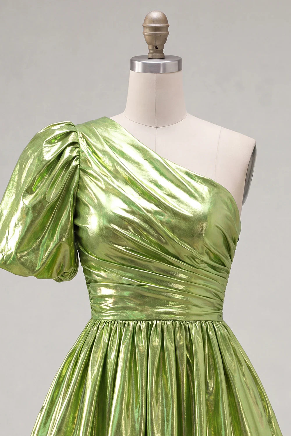 Metallic Hot Pink One Shoulder A Line Homecoming Dress with Puff Sleeve