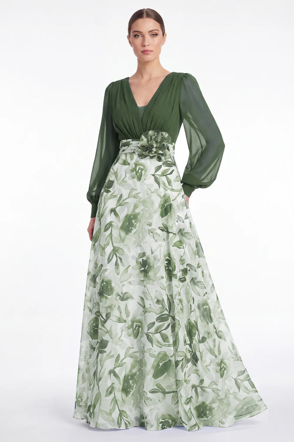 A Line Blue Flower V Neck Mother of the Bride Dress with Long Sleeves