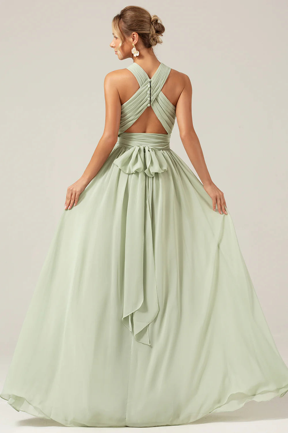 Dusty Sage A Line Halter Pleated Long Maternity Bridesmaid Dress
