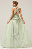 Dusty Sage A Line Halter Pleated Long Maternity Bridesmaid Dress