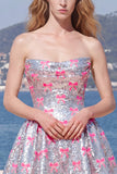 Silver A Line Strapless Short Homecoming Dress with Pink Bows