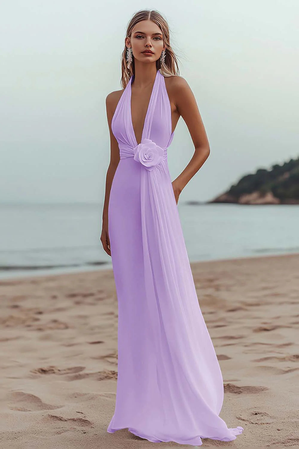 White A Line V Neck Engagement Dress With 3D Flowers