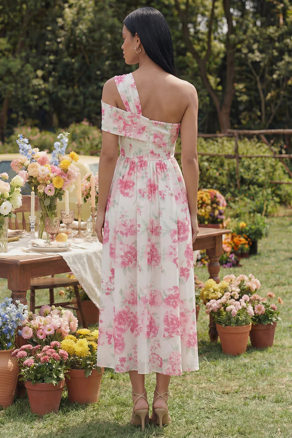 White Floral One Shoulder A Line Midi Wedding Guest Dress