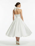 White A Line Halter Sleeveless Tea Length Satin Bridal Gowns With Bows Pleats