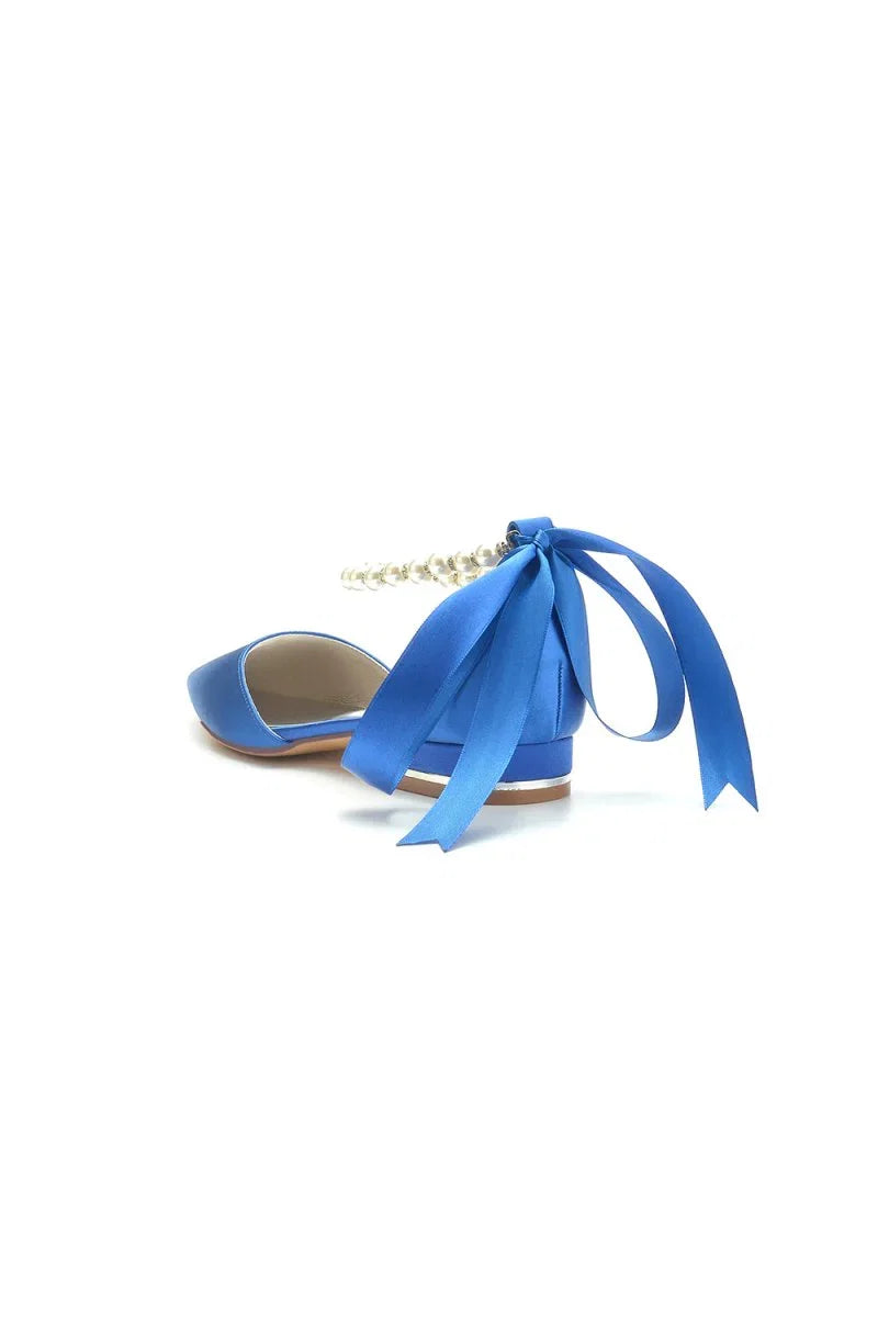 Pearl Ribbon Pointed Toe Ankle Strap Kitten Heels