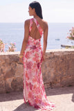 Pink Floral One Shoulder Mermaid Wedding Guest Dress with Slit