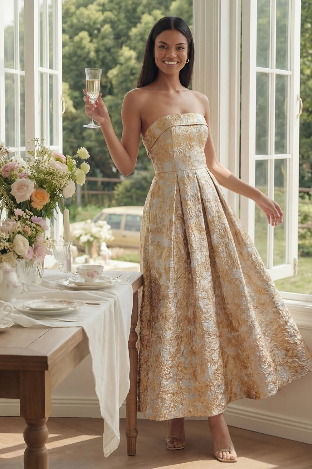 Strapless Gold Floral Jacquard A Line Midi Wedding Guest Dress