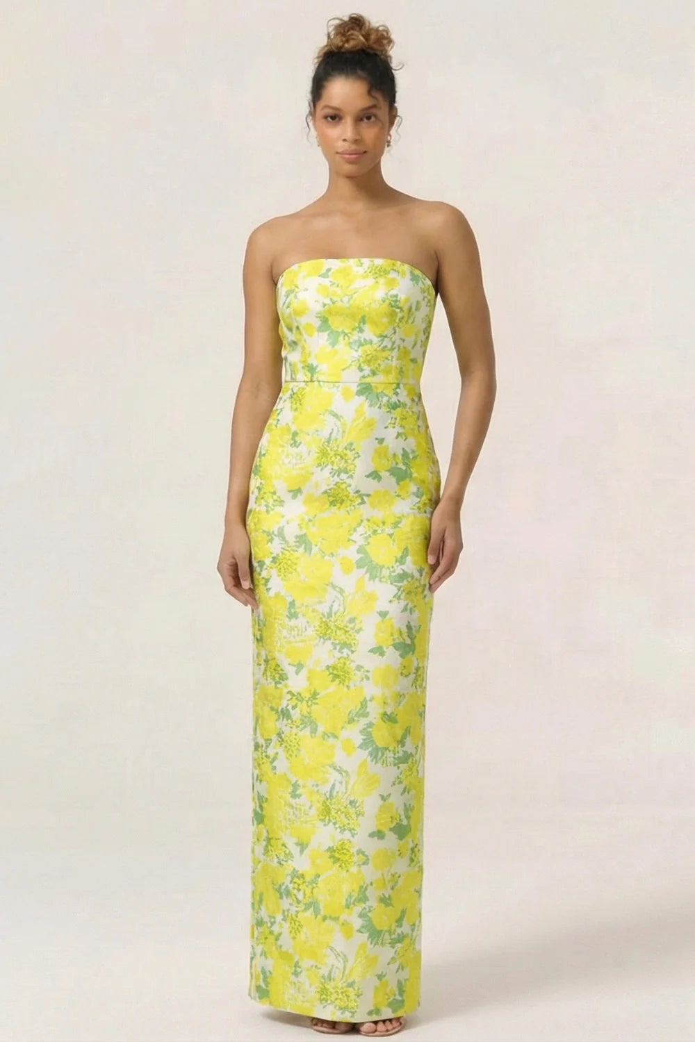 Blue Sheath Strapless White Floral Back Slit Satin Maxi Dress with Pockets