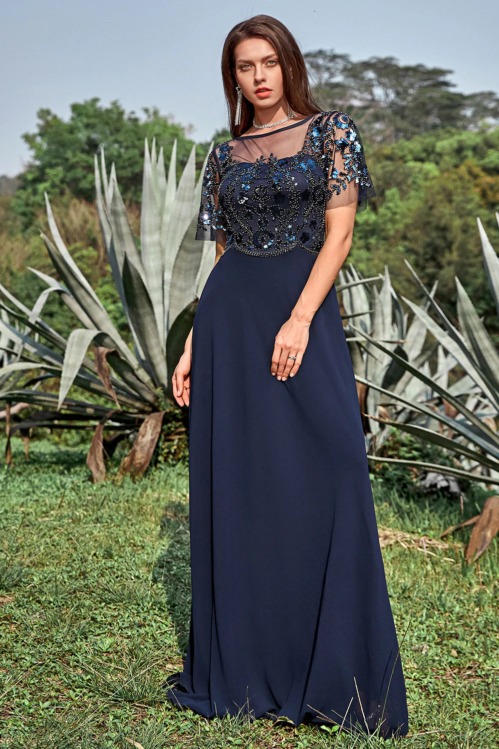 Navy Sheath Round Neck Appliques Sequin Floor Length Dress