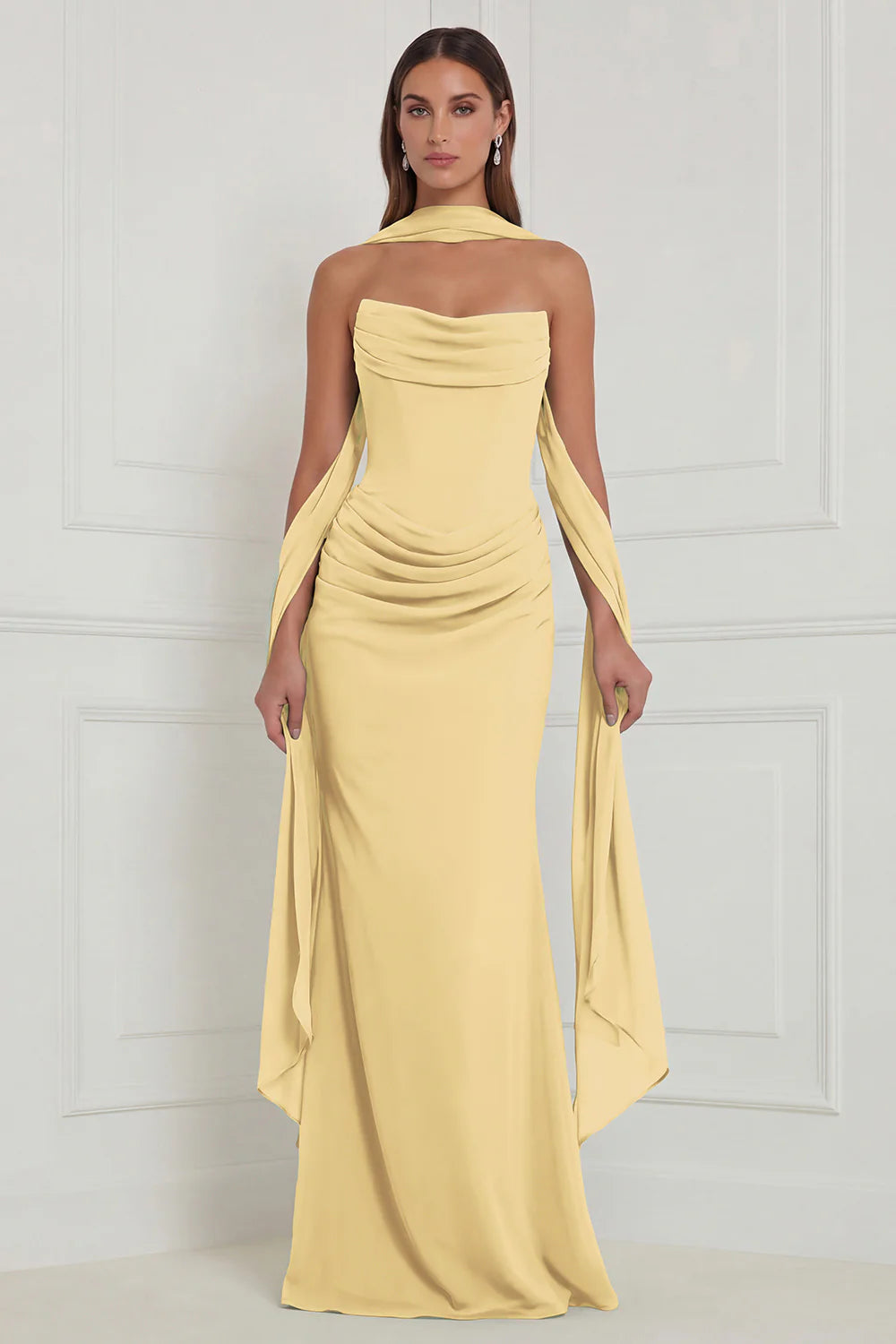 Strapless Ruched Sage Bridesmaid Dress with Scarf