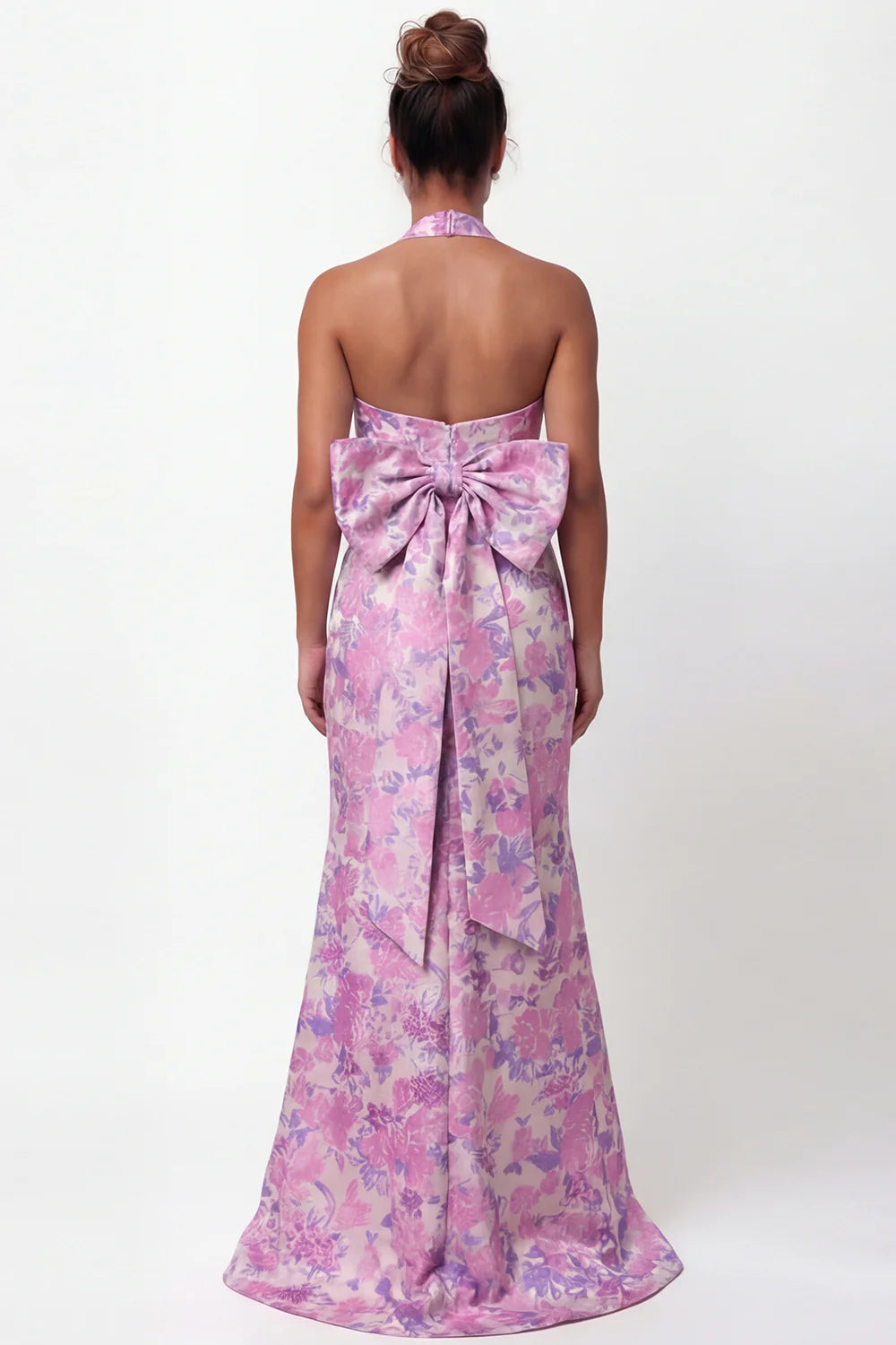 Halter Lilac Flower Mermaid Printed Long Bridesmaid Dress with Bow