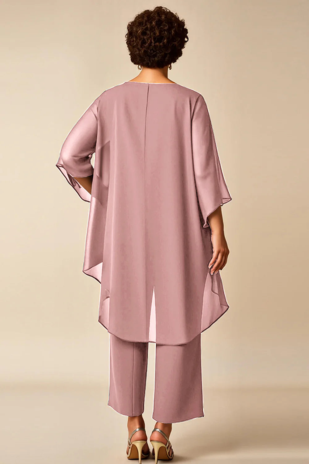 Dusty Rose 2 Piece Round Neck Chiffon Mother of the Bride Pant Suits