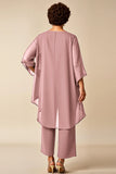 Dusty Rose 2 Piece Round Neck Chiffon Mother of the Bride Pant Suits
