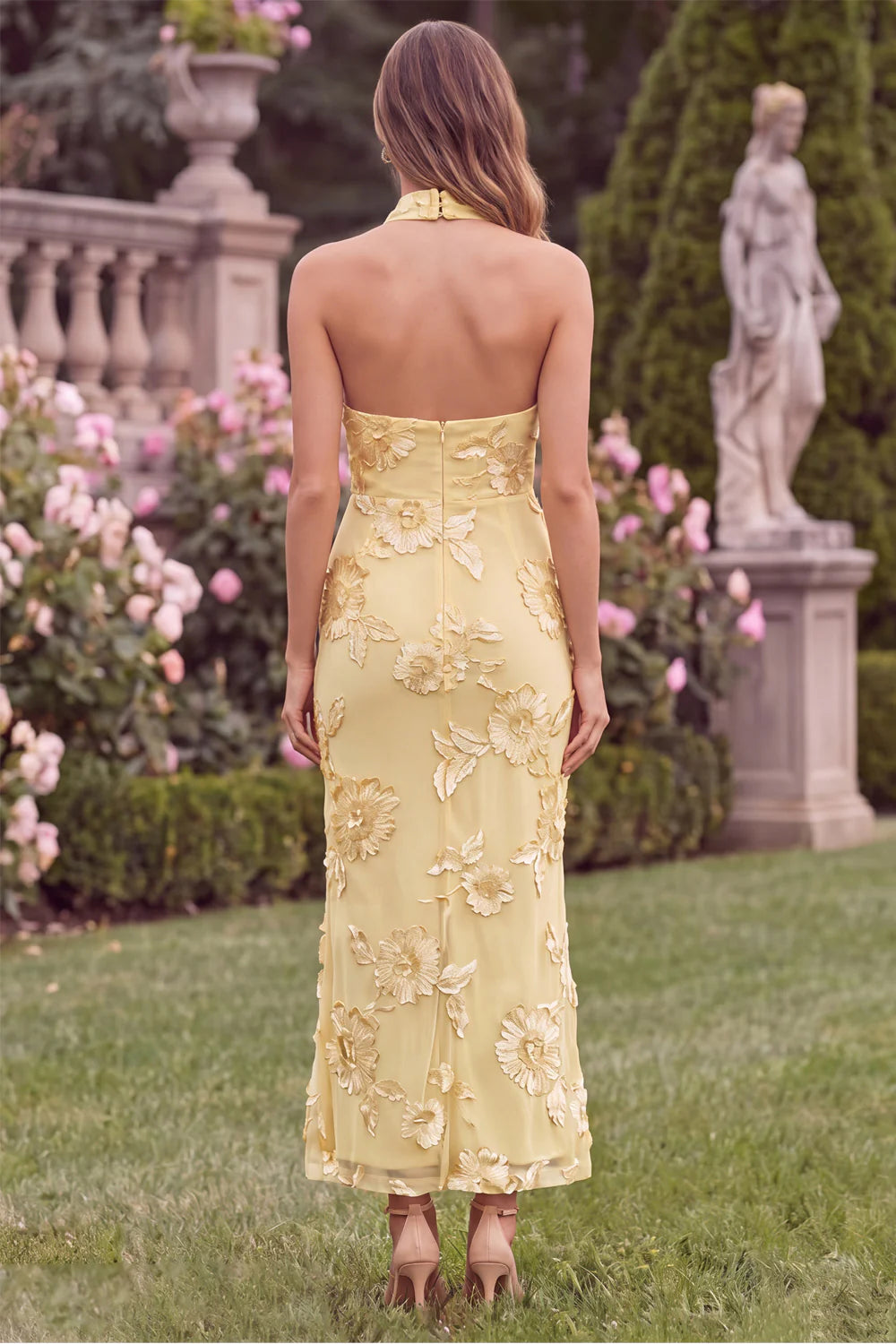 Halter Sage Mermaid Floral Wedding Guest Dress with Scarf