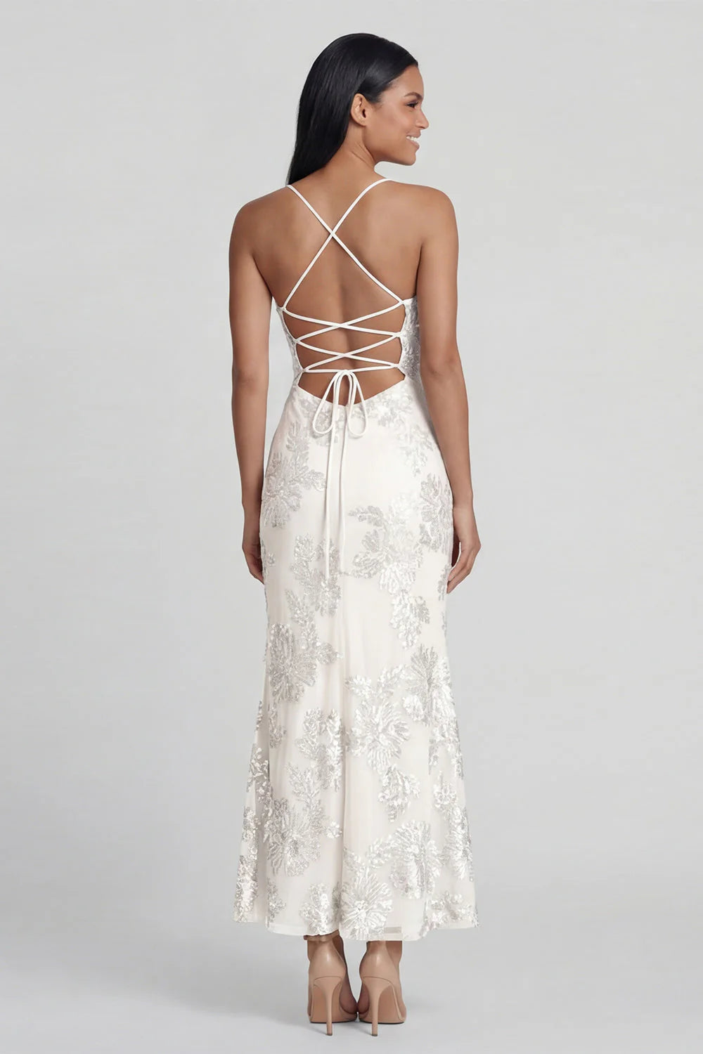 Sage Green Mermaid Floral Wedding Guest Dress with Lace up Back
