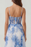 Blue Floral Pleated Corset A Line Wedding Guest Dress
