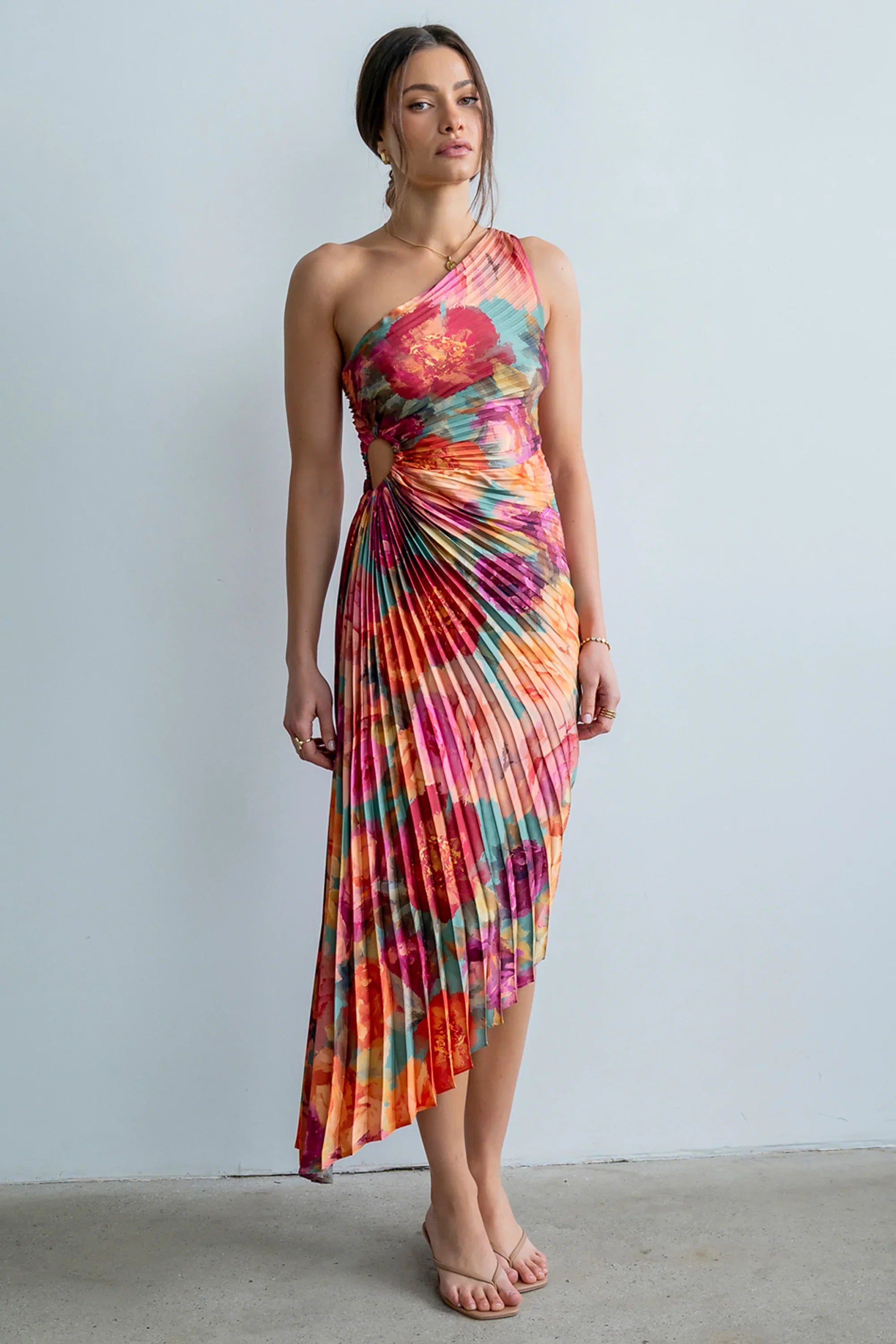 Asymmetrical Pleated Maxi Dress in Multi