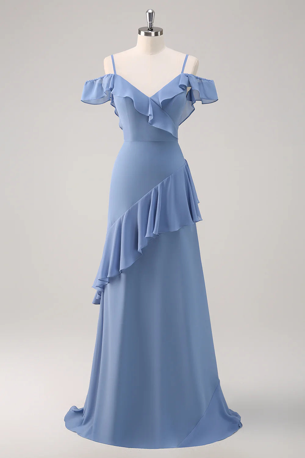 Grey Blue Cold Shoulder A Line Chiffon Long Bridesmaid Dress with Ruffles