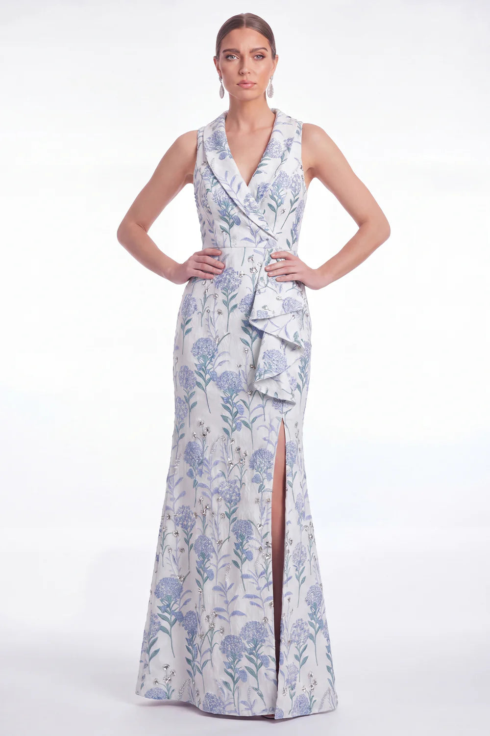 Mermaid Blue Floral Jacquard Shawl Lapel Mother of the Bride Dress with Slit
