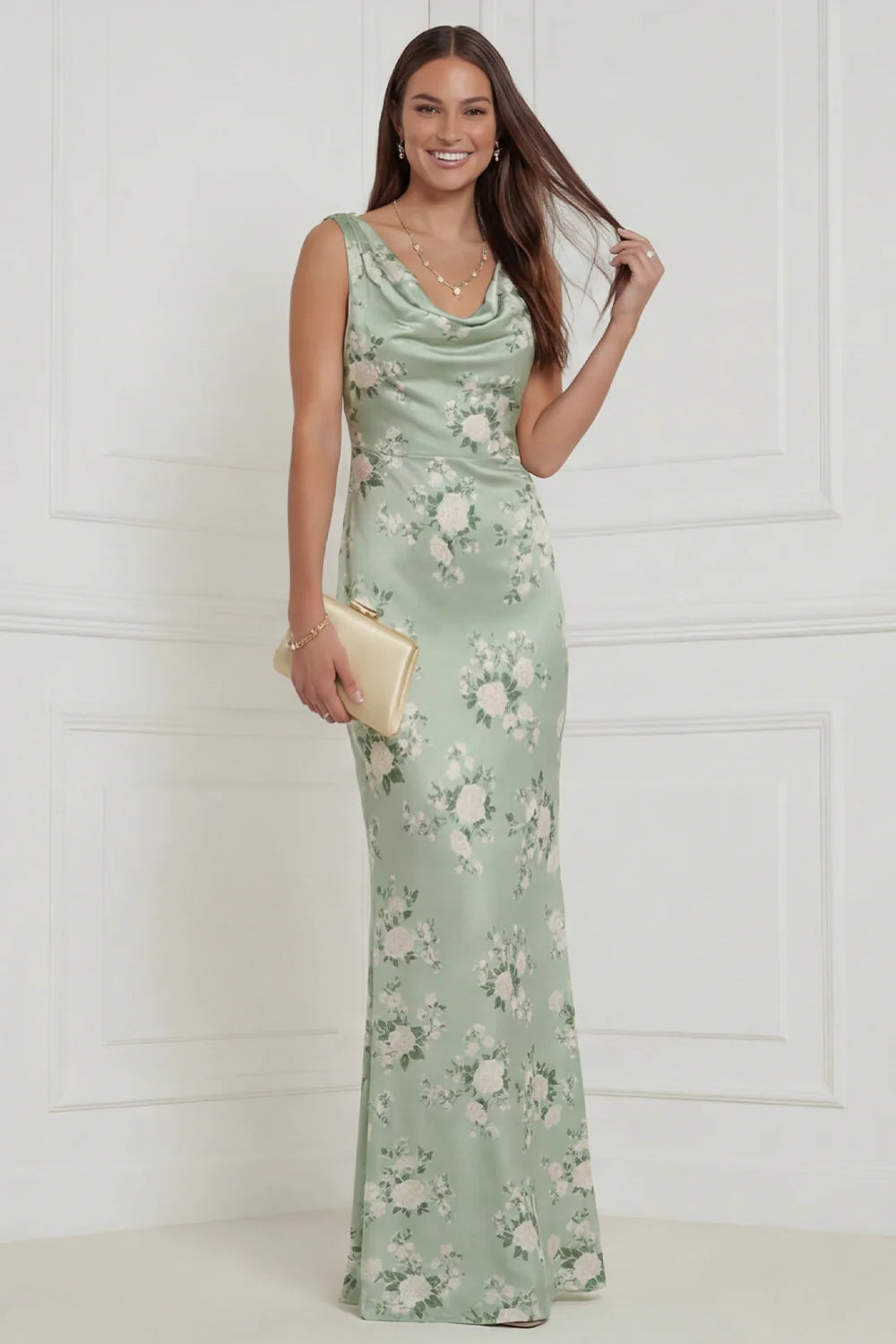 Sage Green Floral Mermaid Satin Long Bridesmaid Dress