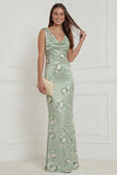 Sage Green Floral Mermaid Satin Long Bridesmaid Dress
