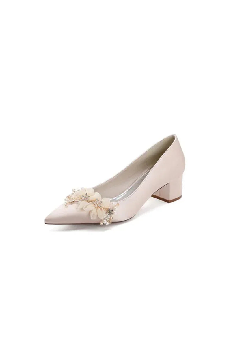 Pointed Toe Satin Slip on Chunky Wedding Shoes With Flower