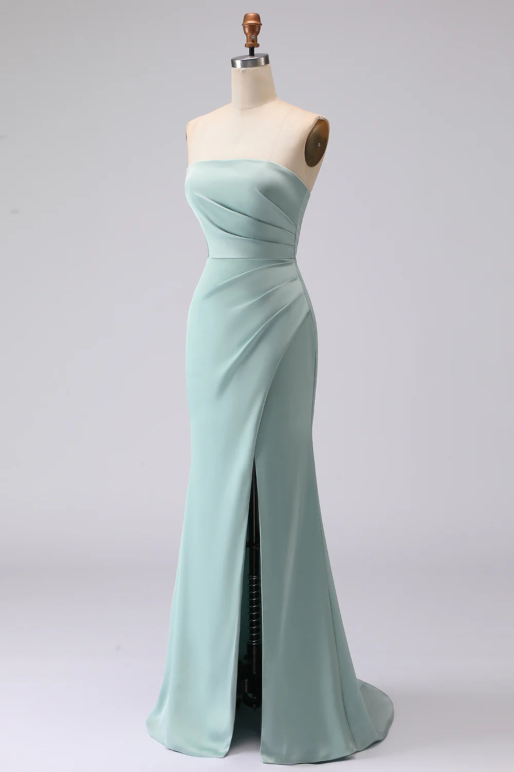 Simple Green Strapless Mermaid Long Bridesmaid Dress with Slit