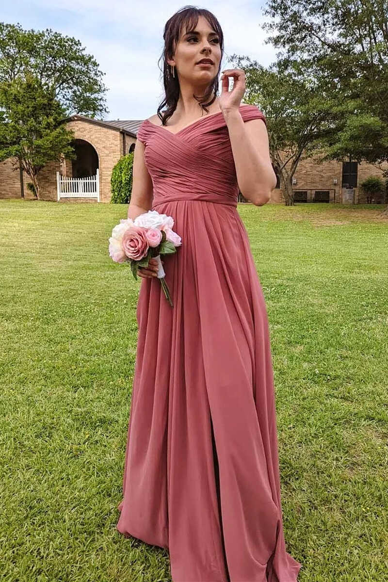Chiffon Off the Shoulder Long Bridesmaid Dress with Slit