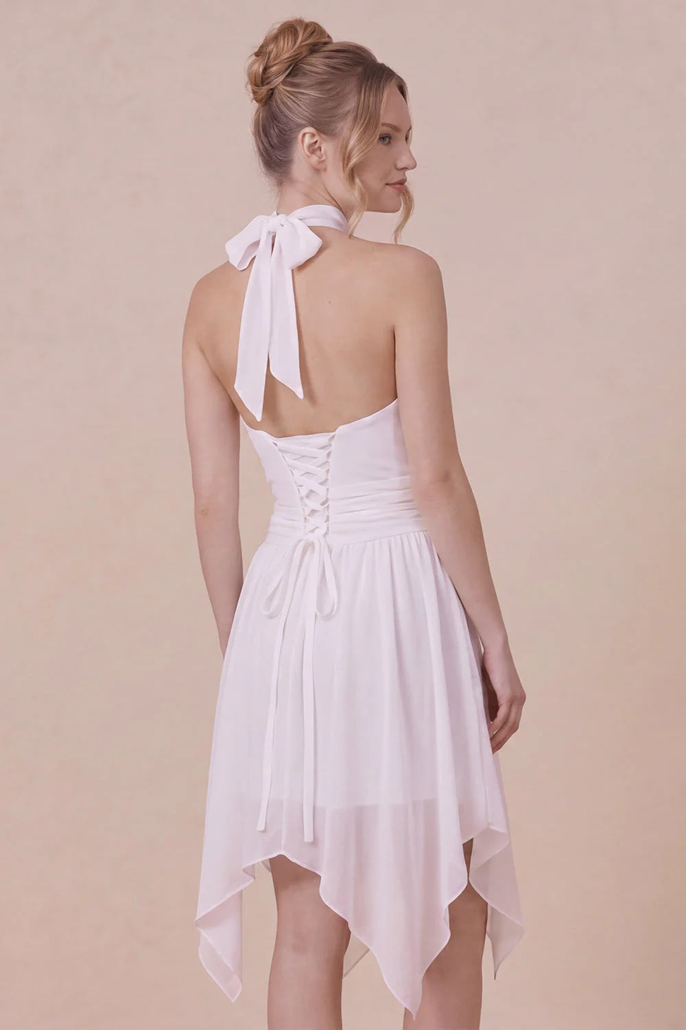 Ruffled Halter White Graduation Dress with Lace up Back