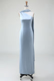 Dusty Blue Sheath One Shoulder Convertible Satin Bridesmaid Dress with Streamer