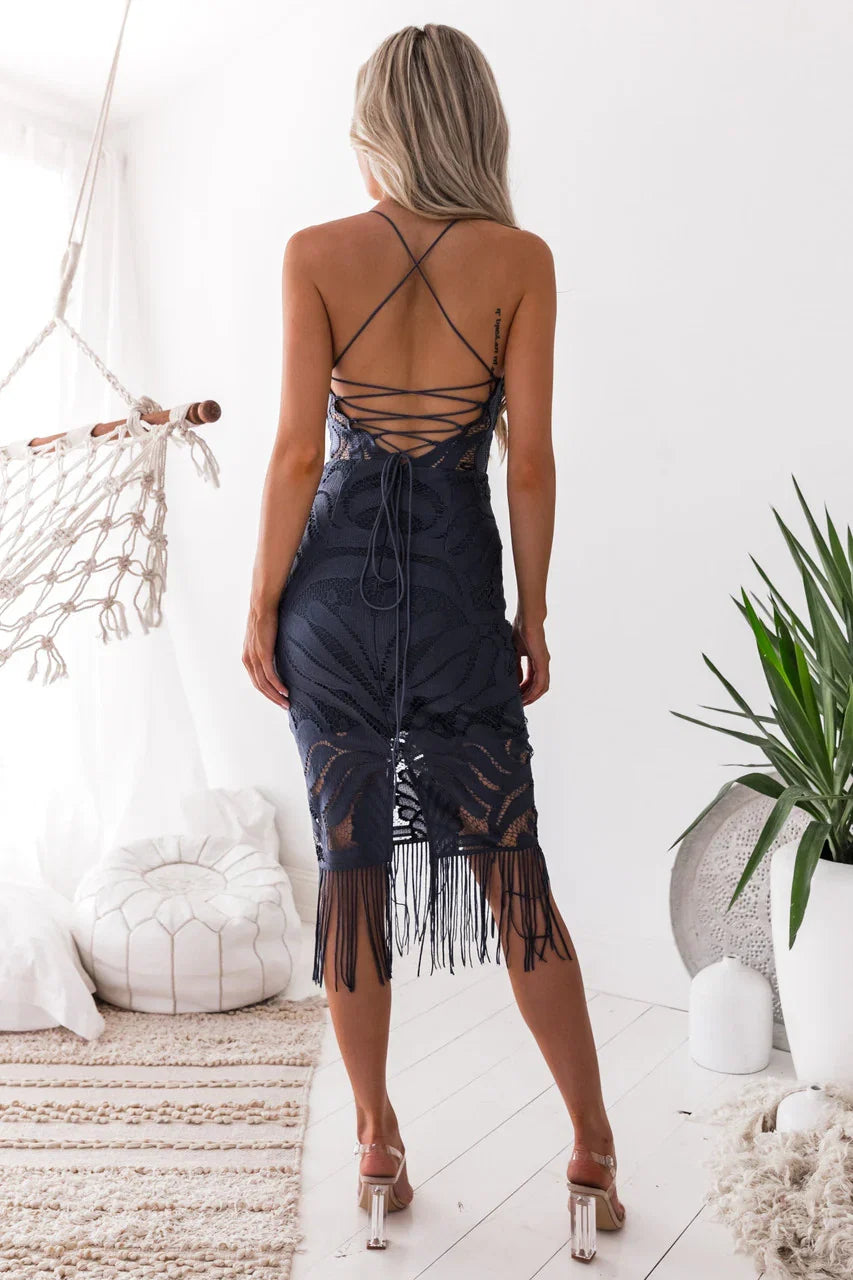 Khaleesi Dress Steel Blue Lace Dress With Fringe