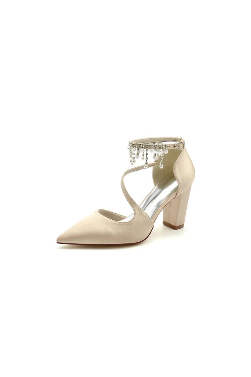 White Satin Pump with Pearl Embedded Chain Heel
