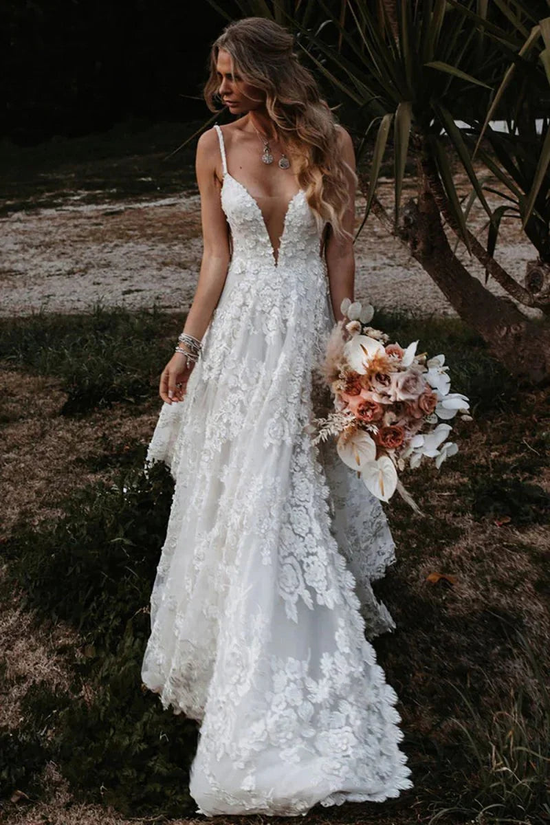 White Boho A Line Lace Wedding Dress with Appliques