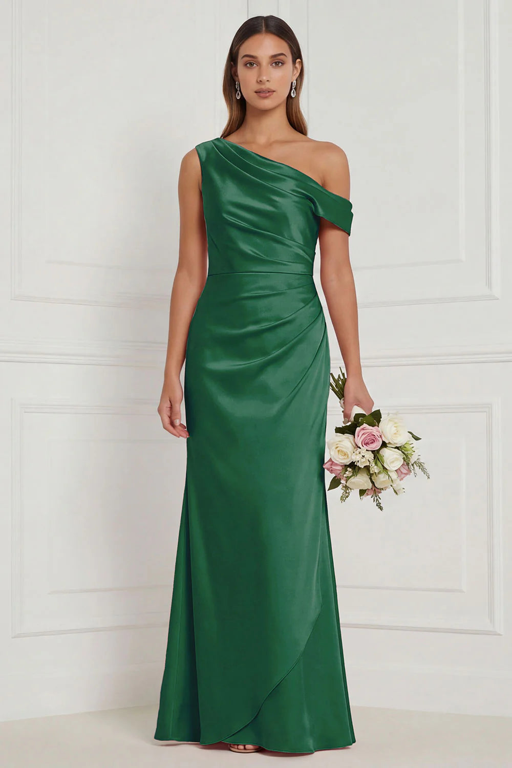 Burnt Orange Asymmetrical Neck Mermaid Ruched Satin Bridesmaid Dress